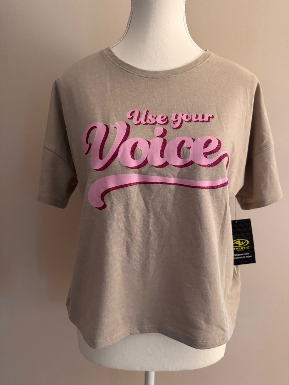 Athletic Works Graphic Beige Cropped Tee with Pink Logo
